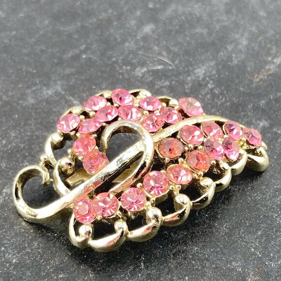 VINTAGE Pink rhinestone and silvery gold tone metal leaf brooch 1950s 1960s pin - Picture 6 of 8